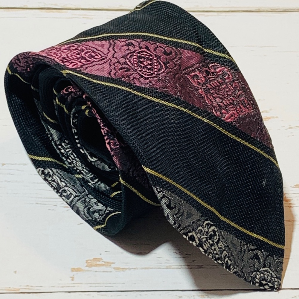 Black Necktie with Pink & Gray Embroidered Detail